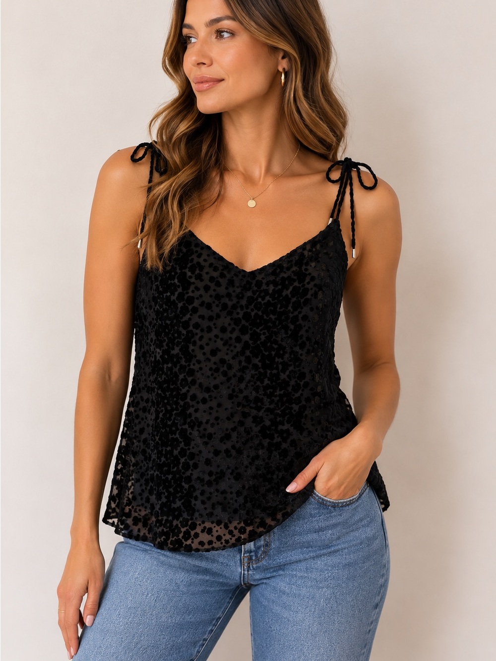 NWT PAIGE Black Velvet Flocked Sheer Cami Top Tie Strap Size Small